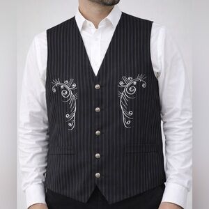 VTG Patroncito Men's Black Pinstripe Vest with White Scrolled Embroidery, Sz XL